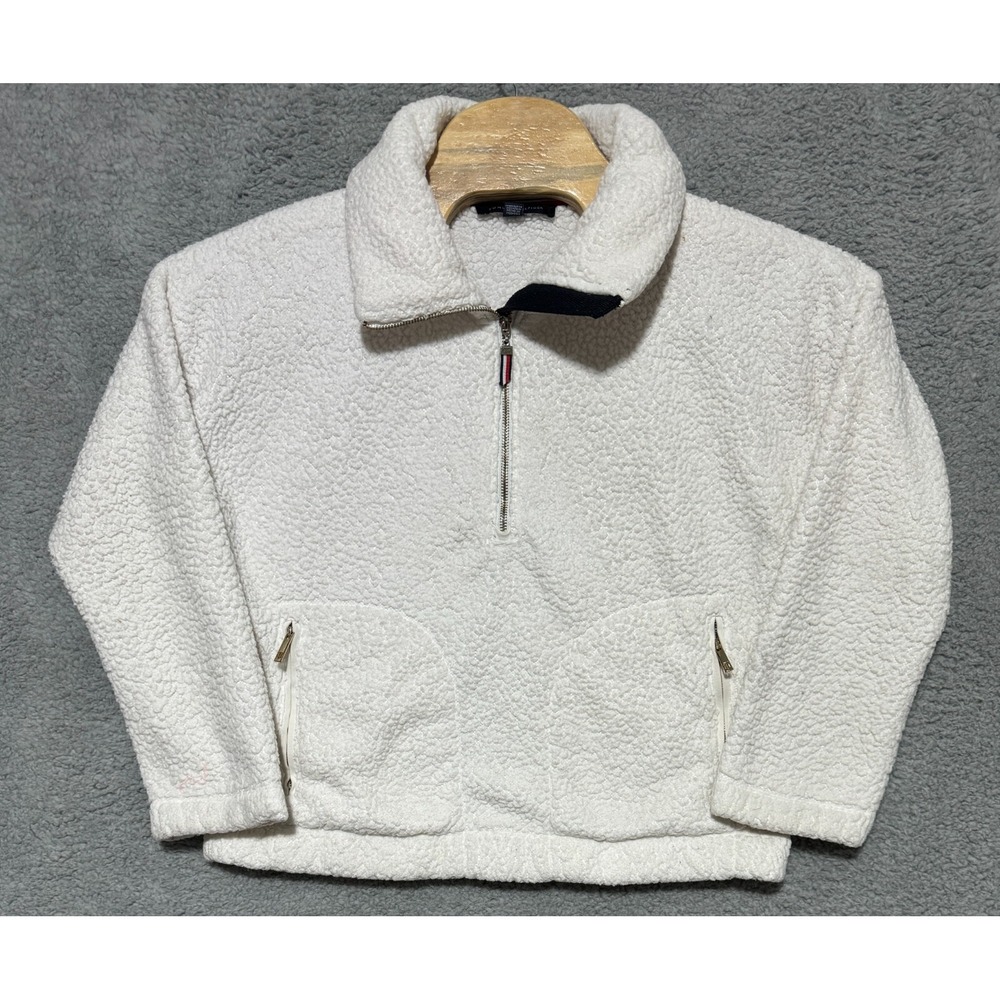 Tommy Hilfiger 1/2 Zip White Fleece Teddy Pullover Sweatshirt Size Small